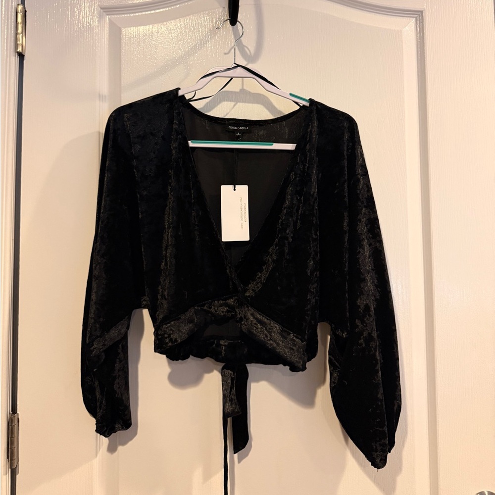 NWT Black Velvet Tie-Front Top
